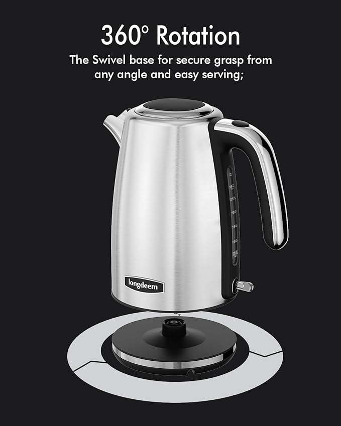 Electric Kettle Stainless Steel, 1.7L 1500W Quick Boil, Retro Style, Auto Shutoff, Boil Dry Protection with Filter & Water Gauge, Perfect for Tea, Hot Water