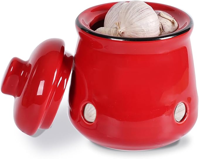 HAOTOP Ceramic Mini Garlic Keeper with Lid, Garlic Container Saver for Countertop, Keep Your Garlic Cloves Fresh (Red)