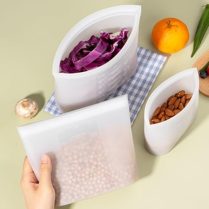 Reusable Sandwich & Snack Bags, 8 Pack 100% Silicone Stand Up Zip Lock Food Storage Bags for Food Container, Freezer Microwave Oven Dishwasher Safe, 4 Small 4 Extra Small, Translucent