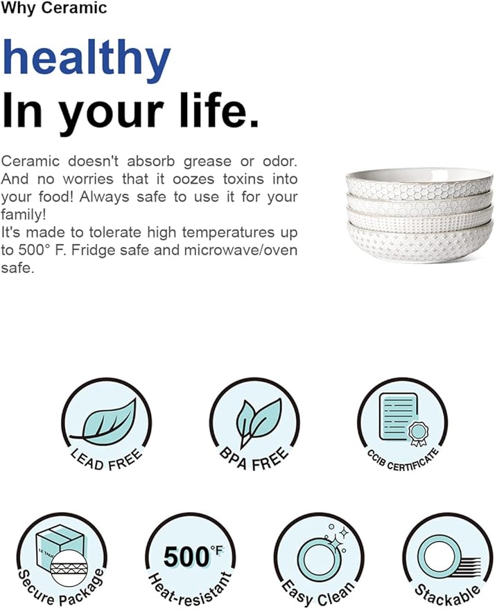 LE TAUCI Pasta Bowl 36 oz, Salad Bowl Serving Plate Bowls, Housewarming Wedding Present, Ceramic Embossment Bowl for Pasta, Fruits, Salad, Noodle, Dinner - 8 Inch, Set of 4, Arctic White