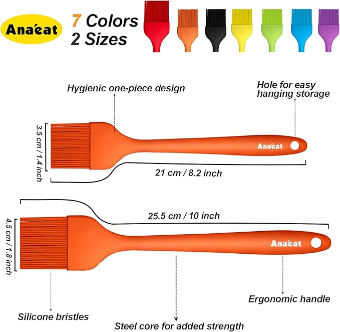 Anaeat Silicone Basting Pastry Brush- 2 Pack Heat Resistant Brushes with Soft Bristles, Hygienic Seamless Design, Marinade Brush Great in Baking for Spreading Oil Butter Sauce BBQ Grill (Orange)