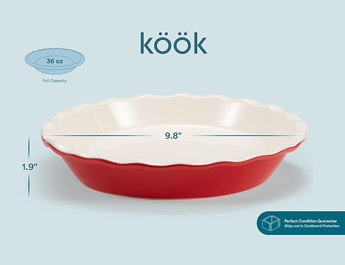 KooK Pie Pan, Ceramic Reusable Round Pie Dish, Quiche Baking Dish, Deep, Wave Edge, For Cakes, Tart, Casseroles, Tarts, Microwave, Oven and Dishwasher Safe, 9-Inch, 36 oz, Set of 2, Cherry