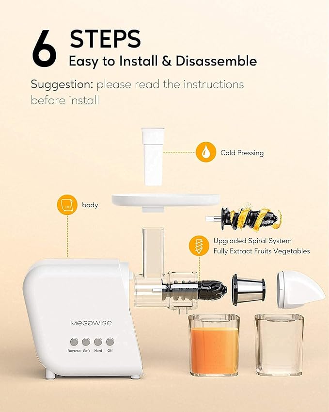 MegaWise Pro 2025 Updated Slow Masticating Juicer, 95% Juice Yield, 2-Speed & 9-Segment Spiral Cold Press, for Vegetables Fruits Nuts, Enhanced Nutrition Better Taste