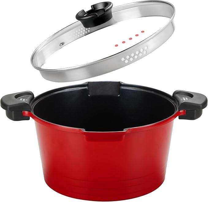 5qt Pasta Pot with Strainer Lid, Cast Aluminum Stockpot Multipot, Nonstick Ceramic Coating make Cleanup easy with Tempered Glass Lid, Dishwasher Safe, Induction, Black (Red, 5 Quarts)