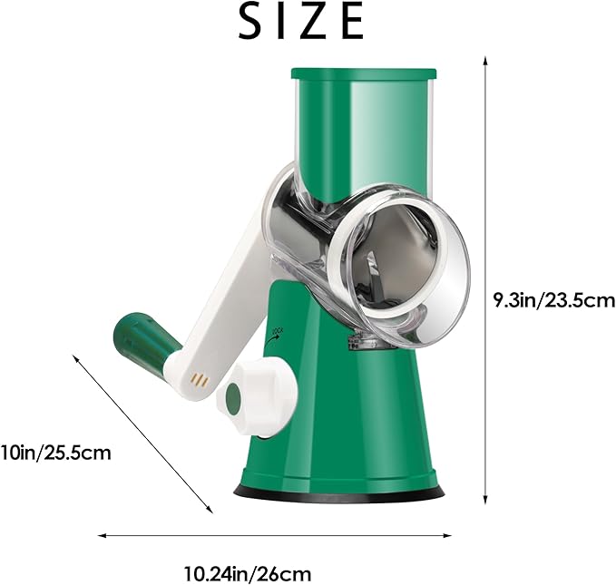 Ourokhome Rotary Cheese Grater Hand Crank, Kitchen Shredder Speed Mandolin Slicer Nut Grinder with Handle and Drum Blades for Cheese, Vegetable, Walnut, Chocolate, Potato, Carrot, 3 Blades, Emerald