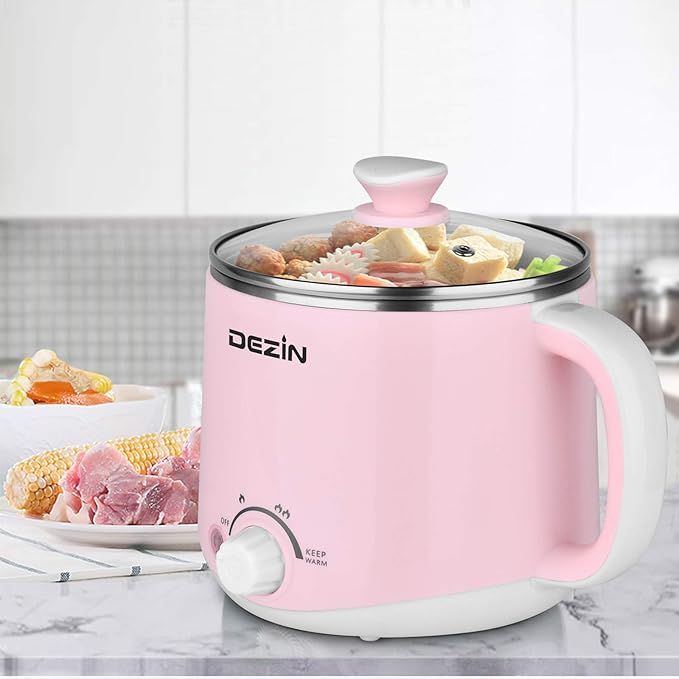 Dezin Electric Pot with Steamer, Hot Pot Electric 1.6L, Stainless Steel Cooker for Ramen, Egg, Dumpling, Soup, Oatmeal with Temperature Control and Keep Warm Function, Pink