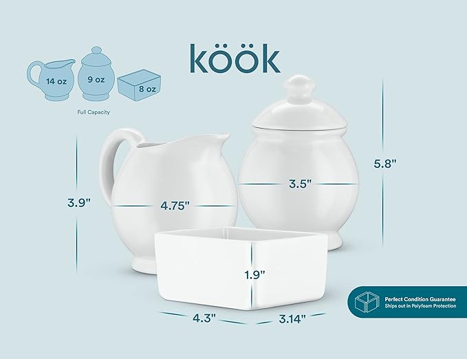 KooK Sugar and Creamer Set, 3 Piece, Pitcher, Sugar Bowl with Lid and Spoon, Sweetener Holder, White (Vintage Design)