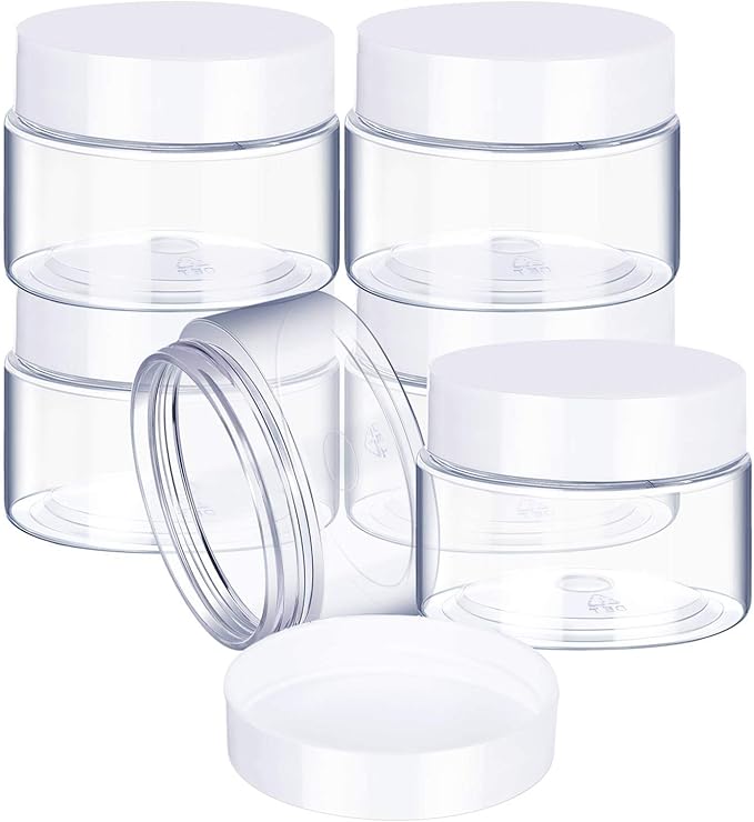 6 Pack 2 oz Plastic Pot Jars Round Clear Leak Proof Plastic Cosmetic Container Jars with White Lids for Travel Storage Make Up, Eye Shadow, Nails, Powder, Paint, Jewelry(2 oz)