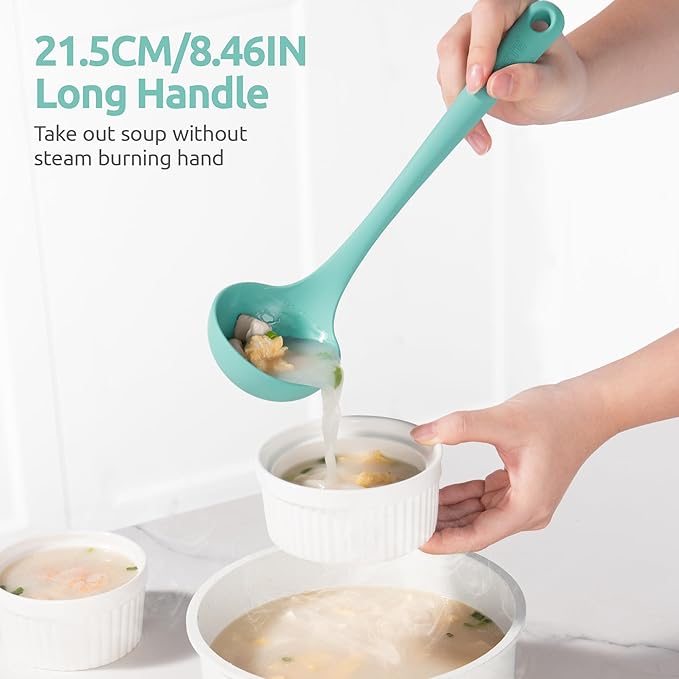 2.6oz Small Silicone Soup Ladle: U-Taste 600ºF Heat Resistant Non-Stick Kitchen Deep Serving Spoon, Soft Cooking Utensil with Non-Slip Solid Handle for Mixing Sauce Stew Gravy (11in, Aqua Sky)