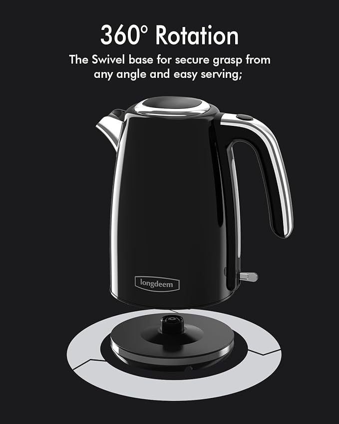 Electric Kettles 1500W for Boiling Water, Longdeem Retro 1.7L Stainless Steel Hot Water Boiler with Automatic Shut Off & Boil Dry Protection, Black