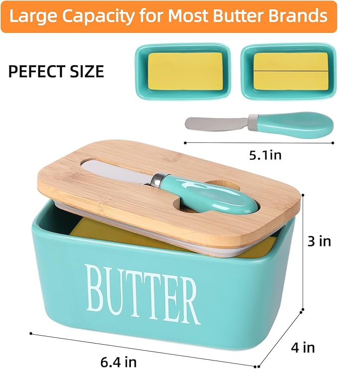 Ceramic Butter Dish with Wooden Lid, Large Butters Container Keeper Storage with Stainless Steel Knife Spreader, Bamboo Cover and Silicone Sealing Ring for West East Coast, Aqua