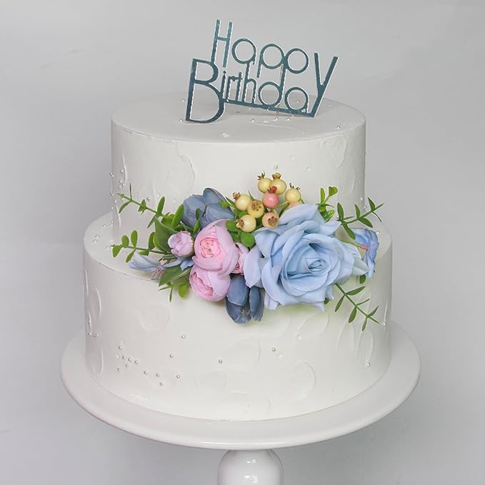 Rinlong 3Pcs Baby Blue Pink Cake Topper Pre-made Cake Decorations Pastel Blush Wedding Cake Decorating Flowers Cake Decor for Baptism Girl Women Birthday Party