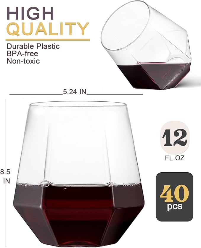 40 Pcak Plastic Stemless Wine cocktail Whiskey Champagne Glasses, 12 Oz Disposable Clear Unbreakable Cups for Party Bars Wedding Tasting (Diamond-shaped)