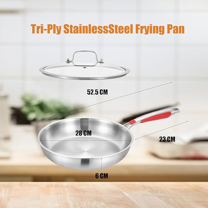 Inqibee 12 Inch Tri-Ply Stainless Steel Frying Pan with Lid,Skillet,Induction Cooking Pan,Dishwasher Safe,Detachable Large Handle