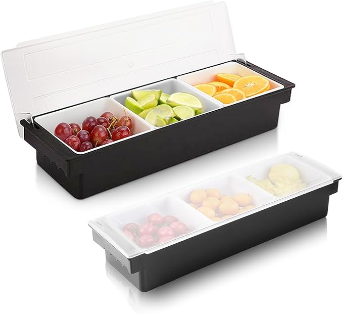 WICHEMI Fruit, Veggie & Condiment Caddy with Lid Dispenser Tray Garnish Station for Bartending & Serving Taco, Ice Cream, Salad Bar - Topping Organizer for Restaurant Supplies (3 Compartment, 2 Pack)