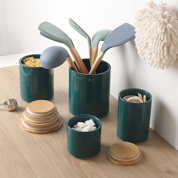 Sweejar Ceramic Kitchen Canister Sets, Porcelain Container for Countertop, Heavy Food Storage Jars with Airthight Seal Bamboo Lid, Servering for Sugar, Coffee Beans, Tea Leaves, Pack of 4(Jade)