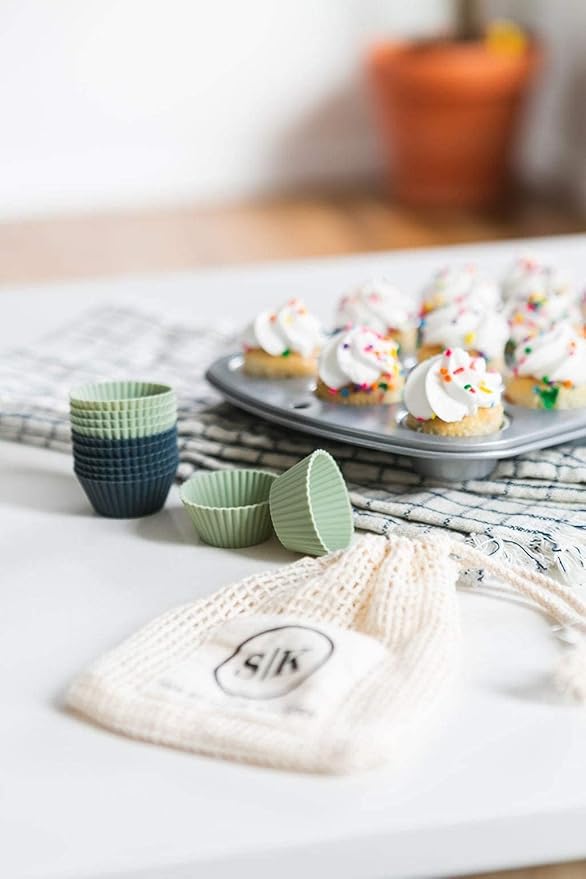 The Silicone Kitchen Reusable Mini Silicone Baking Cup, Non-Toxic, BPA Free, Dishwasher Safe, Mini, 24 Pack, White Blue Green