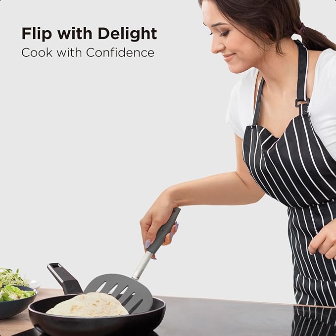 Kitchen Mama WaltzGrip Platinum Silicone Pancake Spatula Turner: Heat Resistant Flexible, Stainless Steel Core, Nonstick, Dishwasher Safe, Flipper – Ideal Kitchen Cookware Egg, Fish, Meat (Metal Gray)