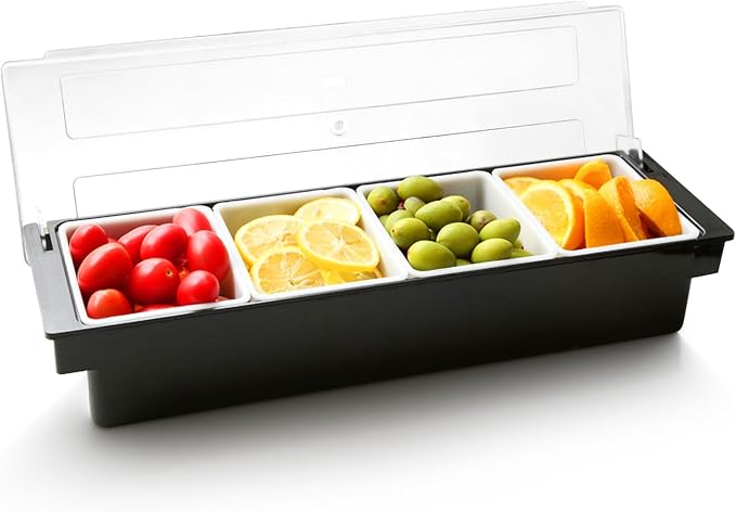 WICHEMI Condiment Container with Lid Ice Chilled Condiment Server with Ice Tray Fruit, Veggie & Condiment Caddy Plastic Garnish Station for Bartending Serving Taco, Salad Bar Container (4 Compartment)
