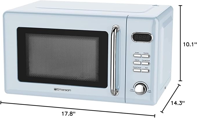 Emerson MWR7020BL Retro Compact Countertop Microwave Oven with Button Control, LED Display, 700W 5 Power Levels, 8 Auto Menus, Glass Turntable and Child Safe Lock, 0.7, Thunderbird Blue