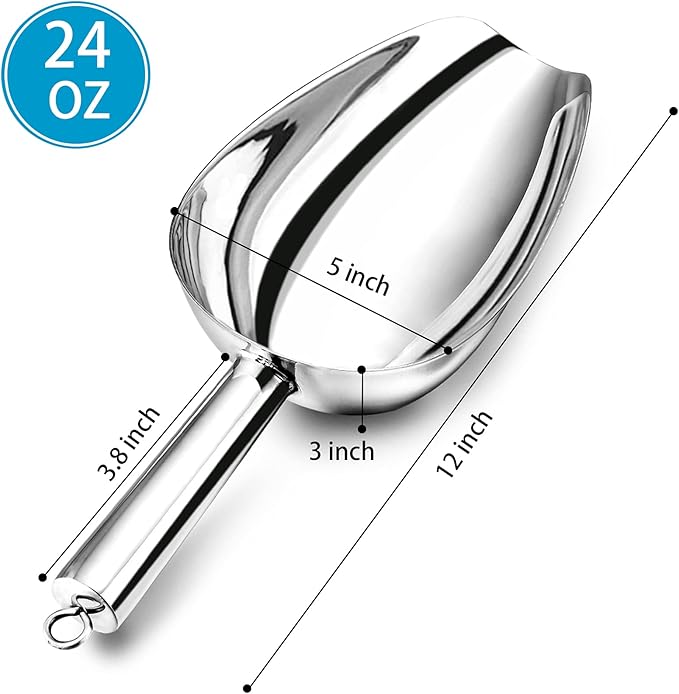 P&P CHEF Food Ice Scoop, Stainless Steel Scoop, Metal Candy Popcorn Flour Utility Scooper for Wedding Party Bar Kitchen Bath, Heavy Duty & Dishwasher Safe, (24oz, 1Pc)