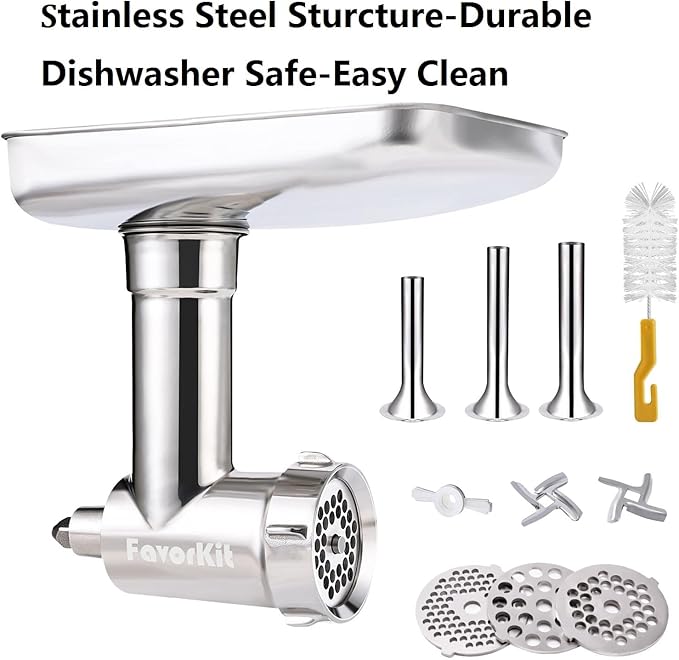 Stainless Steel Food Grinder Attachment for KitchenAid Mixers, Dishwasher Safe Meat Processor Aceesory Included 3 Sausage Stuffer Tubes