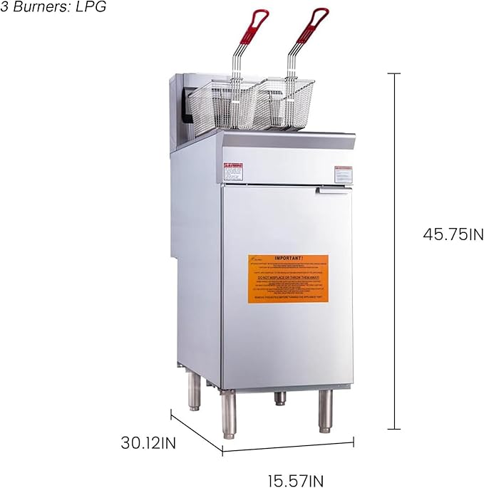 CLIVIA Liquid Propane Deep Fryer, Commercial Floor Fryer with 2 Baskets, 40 lb. Capacity with 3 Burners, Total 90,000 BTU Liquid Propane Powered Fryer for Restaurants