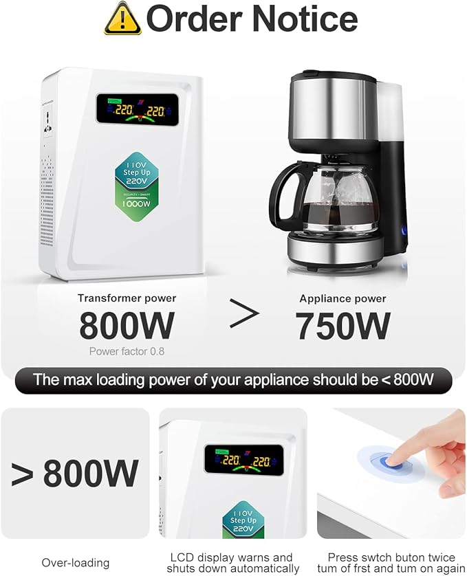 120v to 240v Step Up Transformer 1000W, 110v to 220v Power Voltage Converters, No Noise, Ten Protection Functions, Suit for Coffee Machines, Rice Cookers and Other Appliances