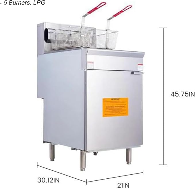CLIVIA Liquid Propane Deep Fryer, Commercial Floor Fryer with 2 Baskets, 75 lb. Oil Capacity with 5 Burners, Total 150,000 BTU Propane Fryer for Restaurants