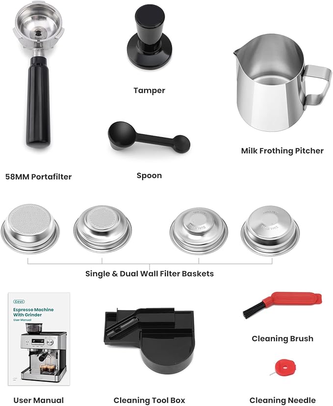 Gevi Espresso Machine with Grinder & Milk Frother, 20 Bar Professional Coffee Maker for Home, Removable Water Tank, Steam Wand, Perfect for Espresso, Cappuccino, Latte
