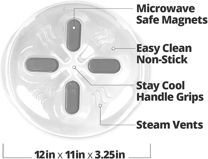 Magnetic Splatter Cover, 12-Inch Clear BPA-Free Food Lid, Vented Plate Guard with Steam Vents, Anti-Splash Microwave Lid, Dishwasher Safe, Space-Saving Magnetic Storage - Gray