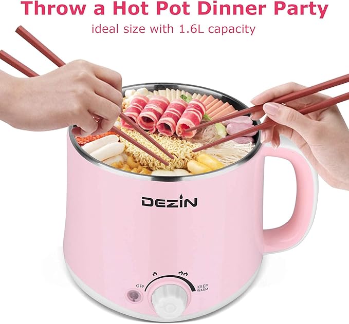 Dezin Hot Pot Electric, Rapid Noodles Cooker, Stainless Steel Electric Pot 1.6 Liter, Perfect for Ramen, Egg, Pasta, Dumpling, Soup, Porridge, Oatmeal with Temperature Control and Keep Warm Function