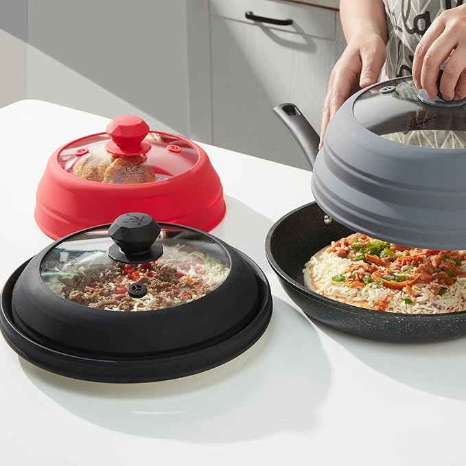 Microwave Splatter Cover Vented Glass Splatter Guard Lid with Collapsible Silicone for Food as Pot Cover 11.8 inch Large Plate for 6 7 8 9 10 11 inch Plate Bowl Black