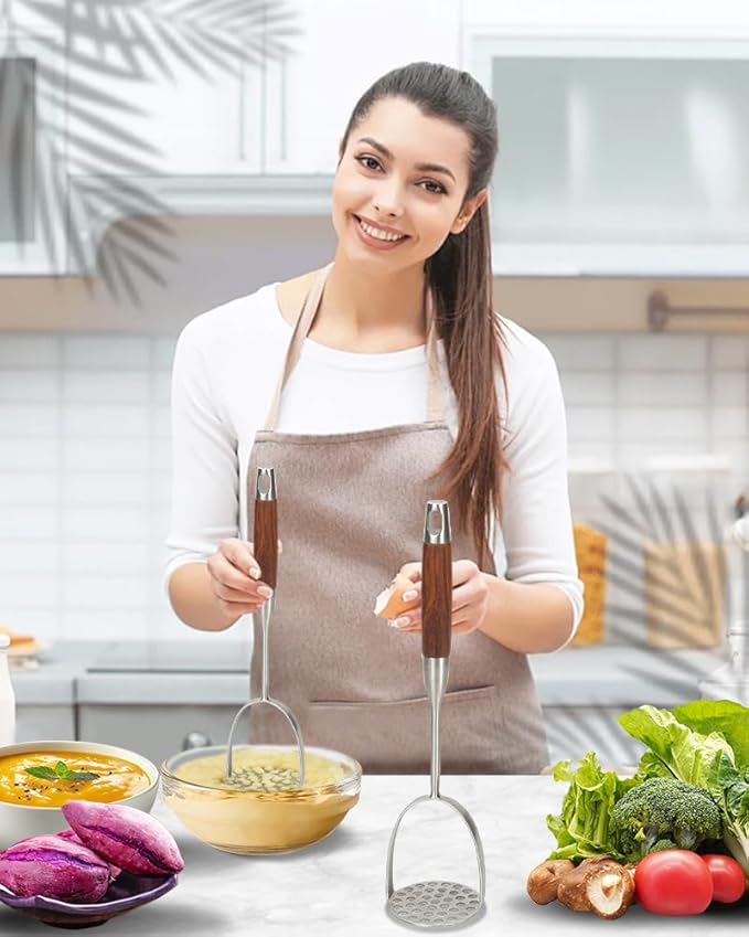 Brigii Potato Masher with Non-Slip Wooden Handle, Dual Arc for Easy, Labor-Saving Mashing, 304 Stainless Steel, Sturdy and Durable One-Piece Potato Press, Dishwasher Safe, for Potatoes and More