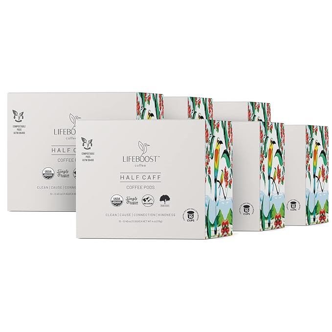 Lifeboost Half Caff Coffee K Cups - Low Acid Half Caff Coffee Pods - Single Origin Non-GMO Mold Free Pods Compatible with Keurig & Keurig 2 - No Mycotoxins or Pesticides - 10 Count