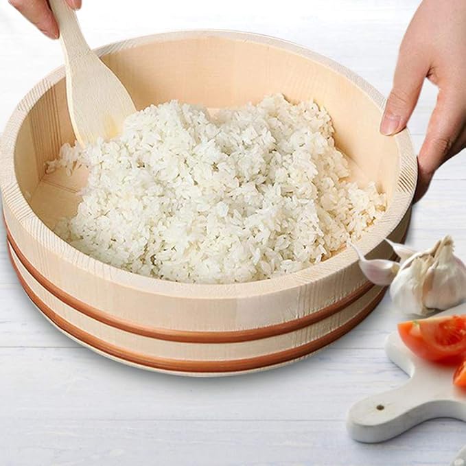 Kichgather 14.2 Inch Wooden Sushi Rice Bowl Hangiri Sushi Oke Rice Mixing Tub (3 pieces)