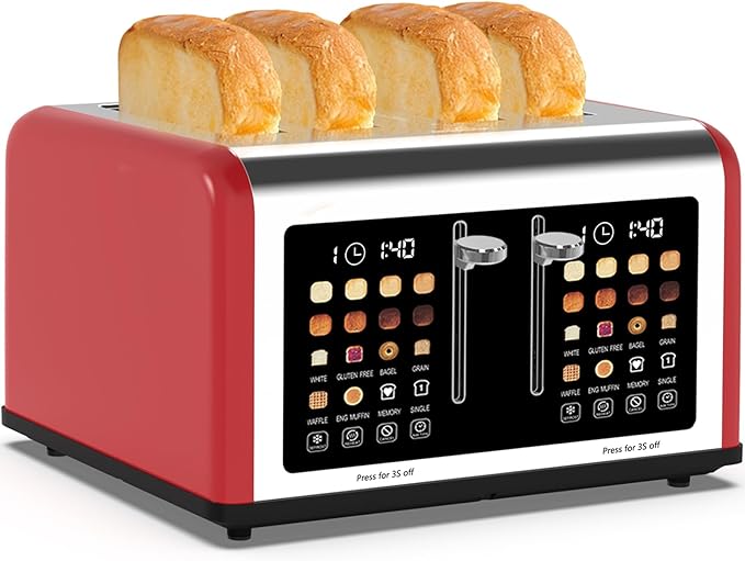 4 Slice Toaster Touch Screen, Stainless Steel Toasters Digital Timer, Dual Control Panel Toasters, 8 Shade Settings 6 Bread Types for Bagel, Cancel, Defrost 1650W Red