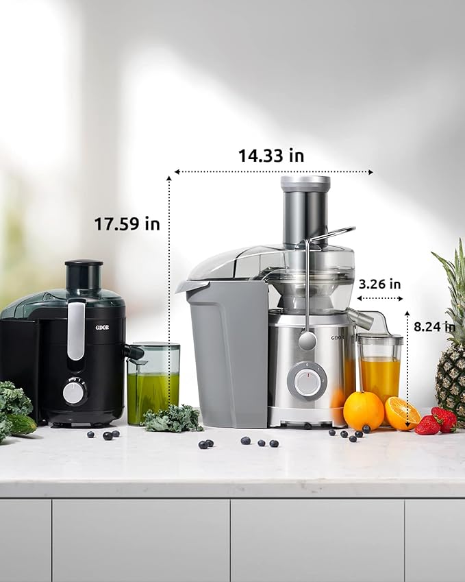 GDOR 1300W 【Extra Large】 Juicer Machines with Larger 3.2” Feed Chute, Titanium Enhanced Cut Disc Centrifugal Juice Extractor, Full Copper Motor Heavy Duty for Whole Fruit and Vegetable, Silver, XL