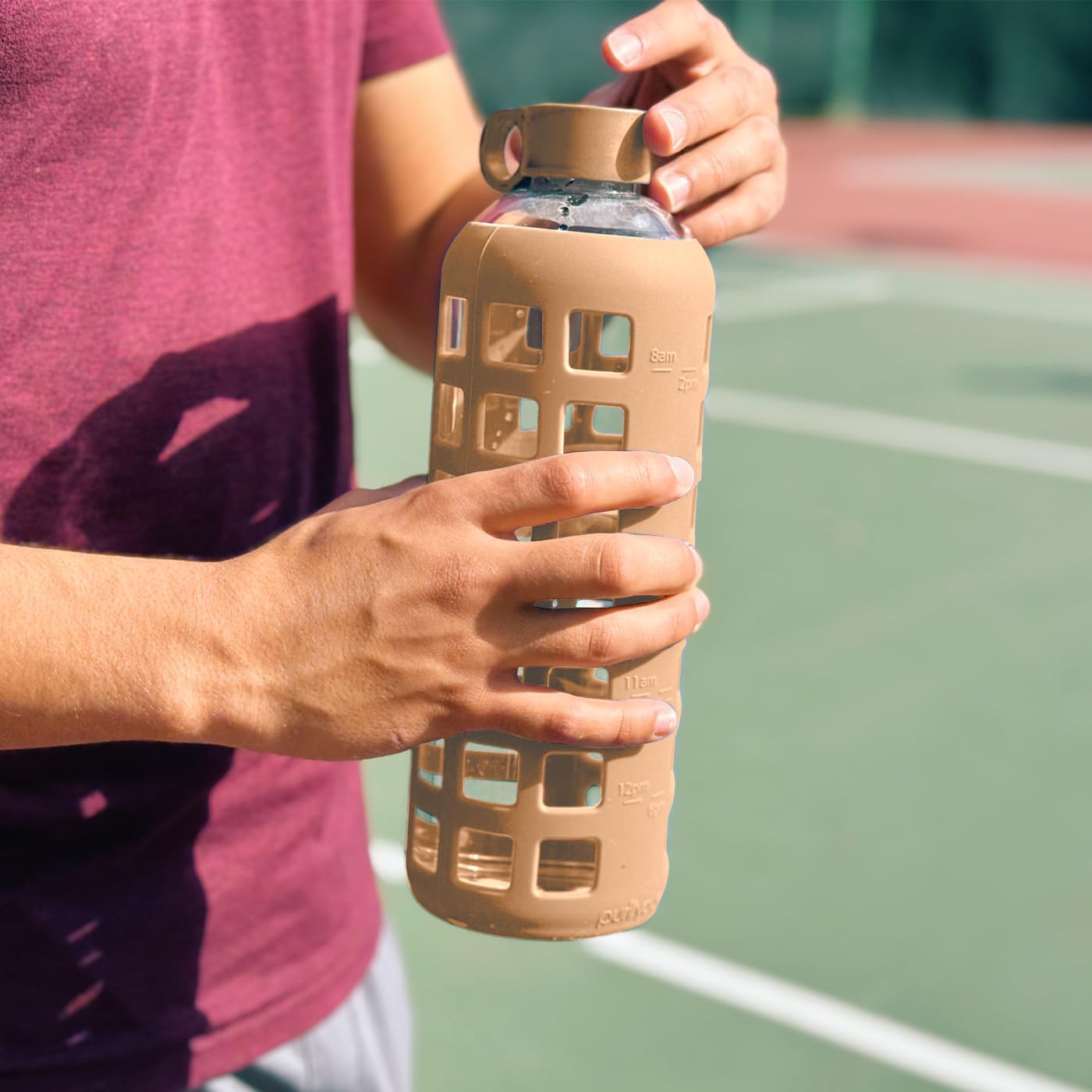 purifyou 40oz / 32oz / 22oz / 12oz Borosilicate Glass Water Bottle with Time & Volume Markers, Silicone Sleeve, Stainless Steel Lid – Reusable Glass Bottle for Water & Juice (32oz Iced Coffee)