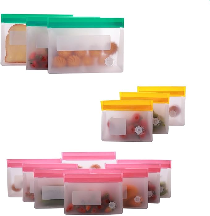 Reusable Silicone Food Storage Bags – 14-Pack Stand-Up, BPA-Free, Freezer, Dishwasher Safe & Eco-Friendly – 3 L, 8 M, 3 S Bags – Airtight Leakproof, Sandwich, Snack, and Meal Prep Baggies (Multicolor)