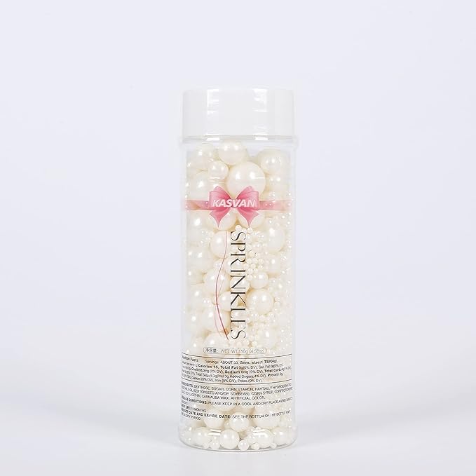 Kasvan White Pearl Sugar Sprinkles - Edible Candy Pearls 130g/4.58 Oz, Mix Size, Baking Cake Decorations, Ice Cream Toppings and Cookie Decorating, Wedding Party Chirstmas Supplies