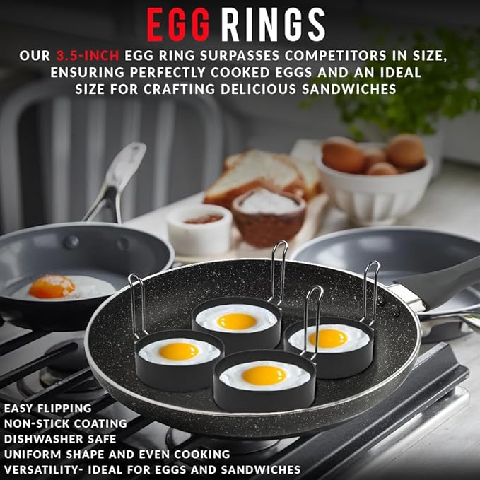 Eggssentials Griddle Breakfast Kit Compatible with Blackstone Griddle, Pancake Batter Dispenser, Bacon Press, 4 Egg Rings & Stainless Steel Spatula - Best for Indoor-Outdoor Cooking.