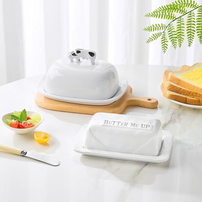 Butter Dish with Lid for Countertop, 7.2" x 4.7" Ceramic Butter Keeper Container, White Butter Holder Tray for East West Coast Butter Stick, Microwave & Dishwasher Safe