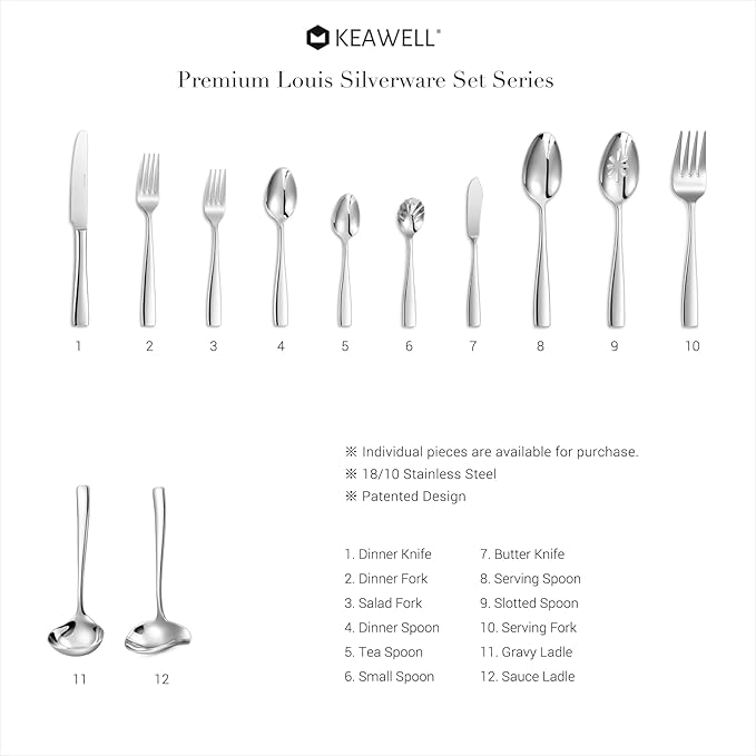 KEAWELL Premium 20/45/65 Piece Louis Silverware Set, 18/10 Stainless Steel, Service for 4/8/12, Fine Flatware Set, Dishwasher Safe (65)