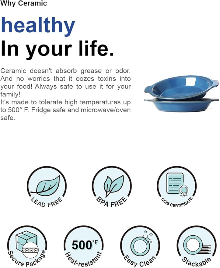 LE TAUCI Ceramic Pie Pans, 9 inch Baking Plates with Handles, Deep Pie Dish for Apple Pie, Pecan Pie, 36 Ounce - Set of 2, Ceylon Blue