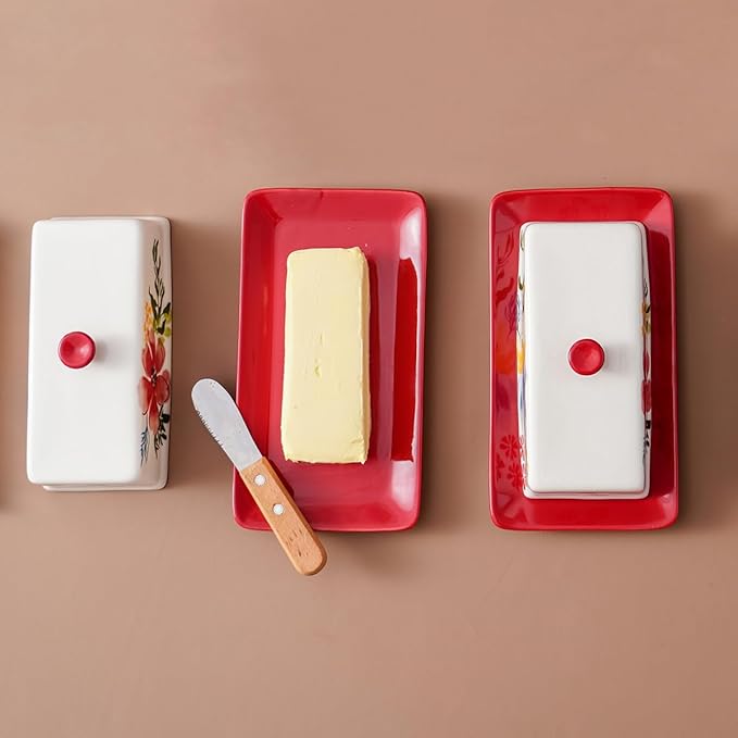 Butter Dish Ceramic Butter Keeper Butter Dish with Lid, Butter Container, RED