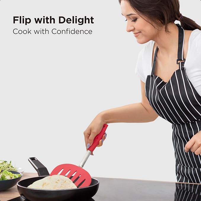 Kitchen Mama WaltzGrip Platinum Silicone Pancake Spatula Turner: Heat Resistant Flexible, Stainless Steel Core, Nonstick, Dishwasher Safe, Flipper – Ideal Kitchen Cookware for Eggs, Fish, Meat (Red)