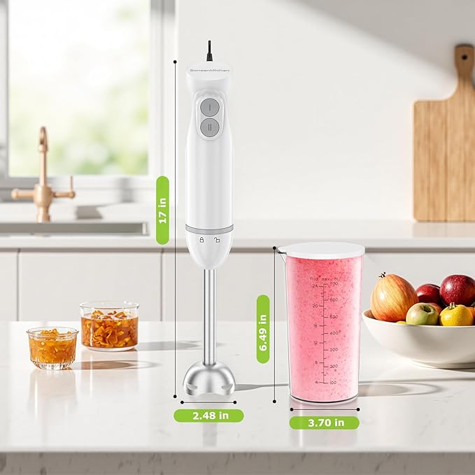 Bonsenkitchen Hand Blender, Immersion Blender with 2 Mixing Speed, 2-In-1 Hand Held Stick Mixer with Beaker for Soups, Smoothies, Sauce, White