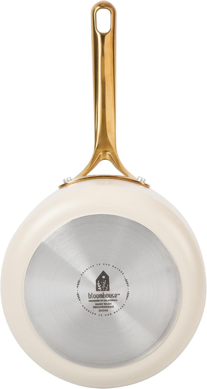 bloomhouse - Oprah's Favorite Things - 8 Inch Heavy Duty Aluminum Premium PFA Free Ceramic Nonstick Saute/Deep Frying Pan Skillet - Almond Cream w/Gold Handle