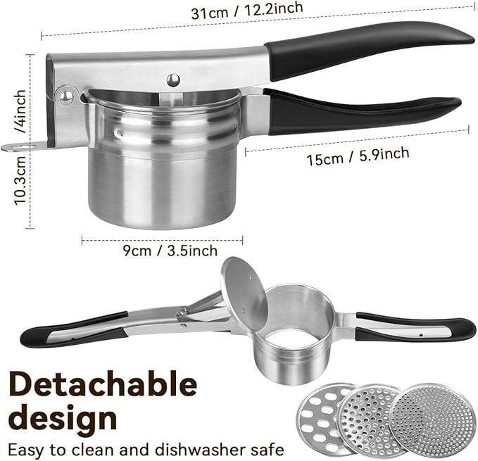 Potato Ricer, AMOHEE 15oz Stainless Steel Potato Masher Upgrade Heavy Duty Design with Anti-Slip Handle Ricer for Mashed Potatoes, Carrots, Yams, Black